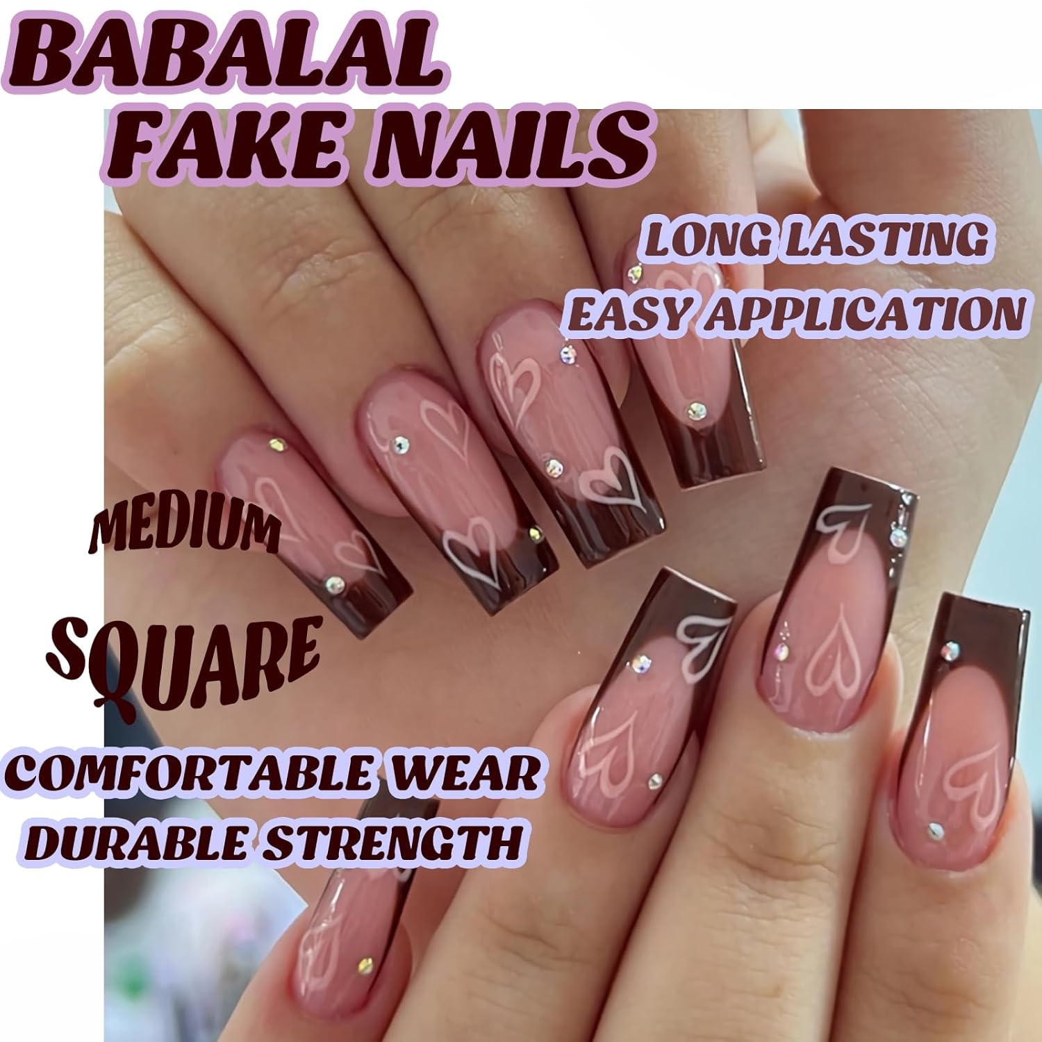 BABALAL Fall French Tip Press on Nails Medium Square Fake Nails Brown Glue on Nails Heart Rhinestone Design Shiny Acrylic Nails 24Pcs Squoval Manicure Artificial Cute False Nails for Women and Girls - Image 4