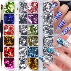 24 Grids Rhombus Hexagon Mermaid Holographic Glitter Nail Art Sequins Silver Colorful Collocation 3D Shiny Flakes Acrylic Supplies Glitter Accessories Mirror Gradient Effect Nail Art Design