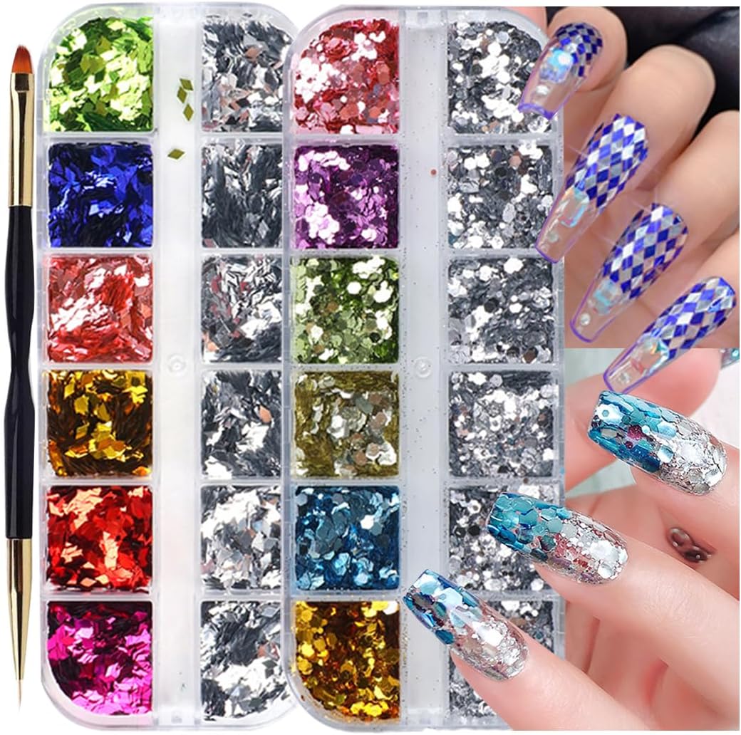 24 Grids Rhombus Hexagon Mermaid Holographic Glitter Nail Art Sequins Silver Colorful Collocation 3D Shiny Flakes Acrylic Supplies Glitter Accessories Mirror Gradient Effect Nail Art Design