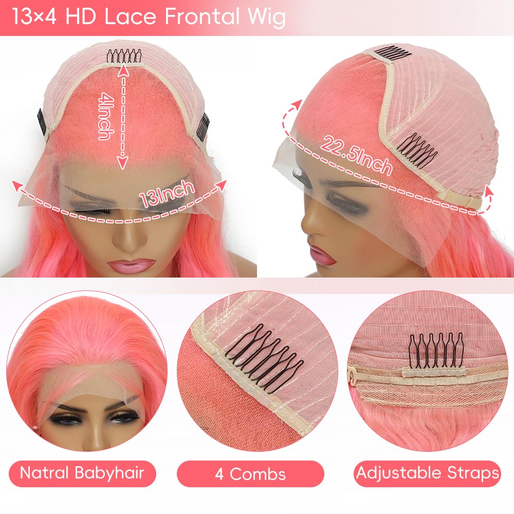 Pink Lace Front Wig Human Hair 13x4 HD Lace Front Wigs Human Hair Pre Plucked Body Wave Pink Human Hair Wig 200% Density Colored Frontal Wigs Human Hair 24 Inch - Image 6