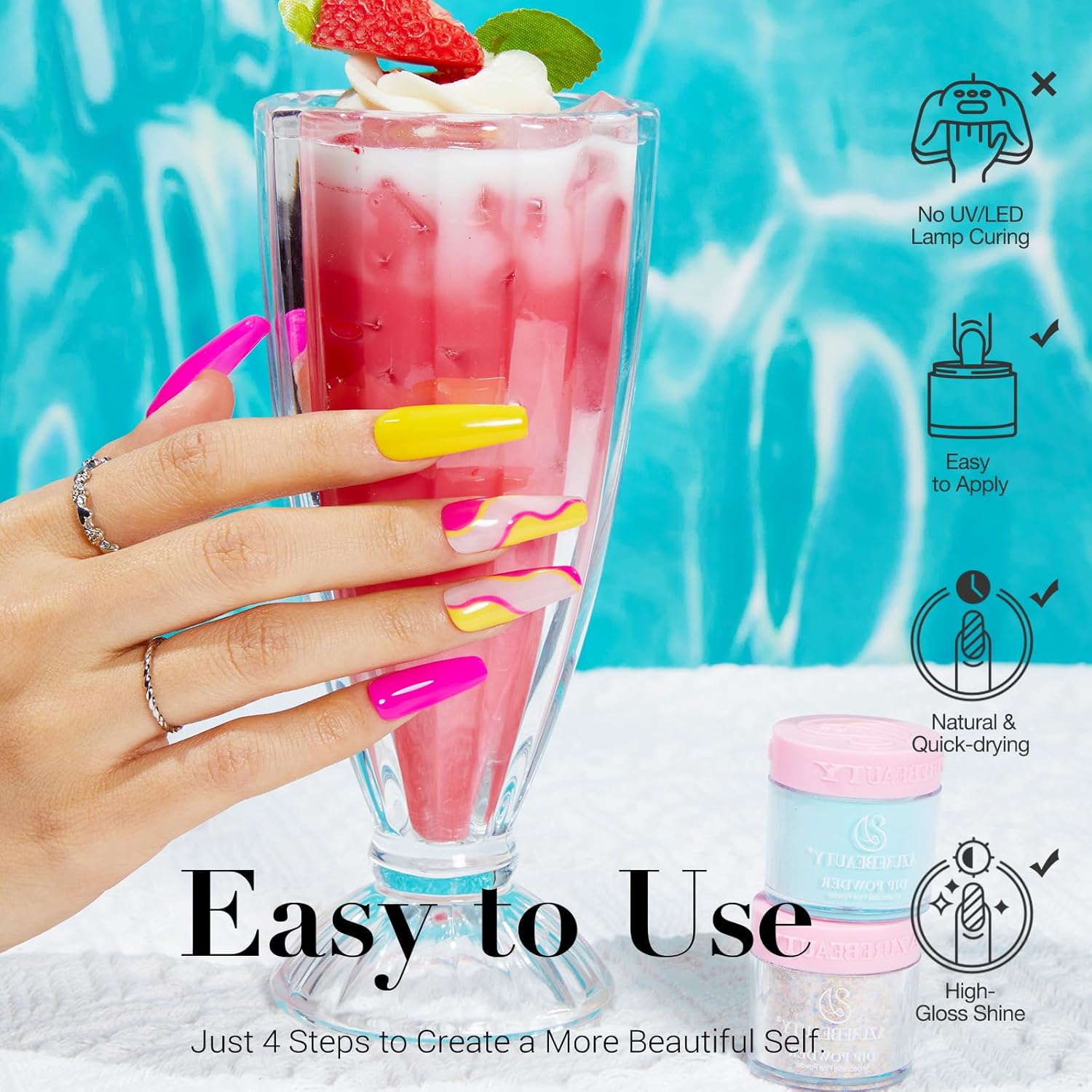 AZUREBEAUTY Dip Powder Nail Kit Starter, 4 Colors Pink Yellow Blue Glitter Dipping Powder Liquid Set Recycling Tray with Base & Top Coat Activator for French Fingernail Art Manicure Salon DIY at Home - Image 3