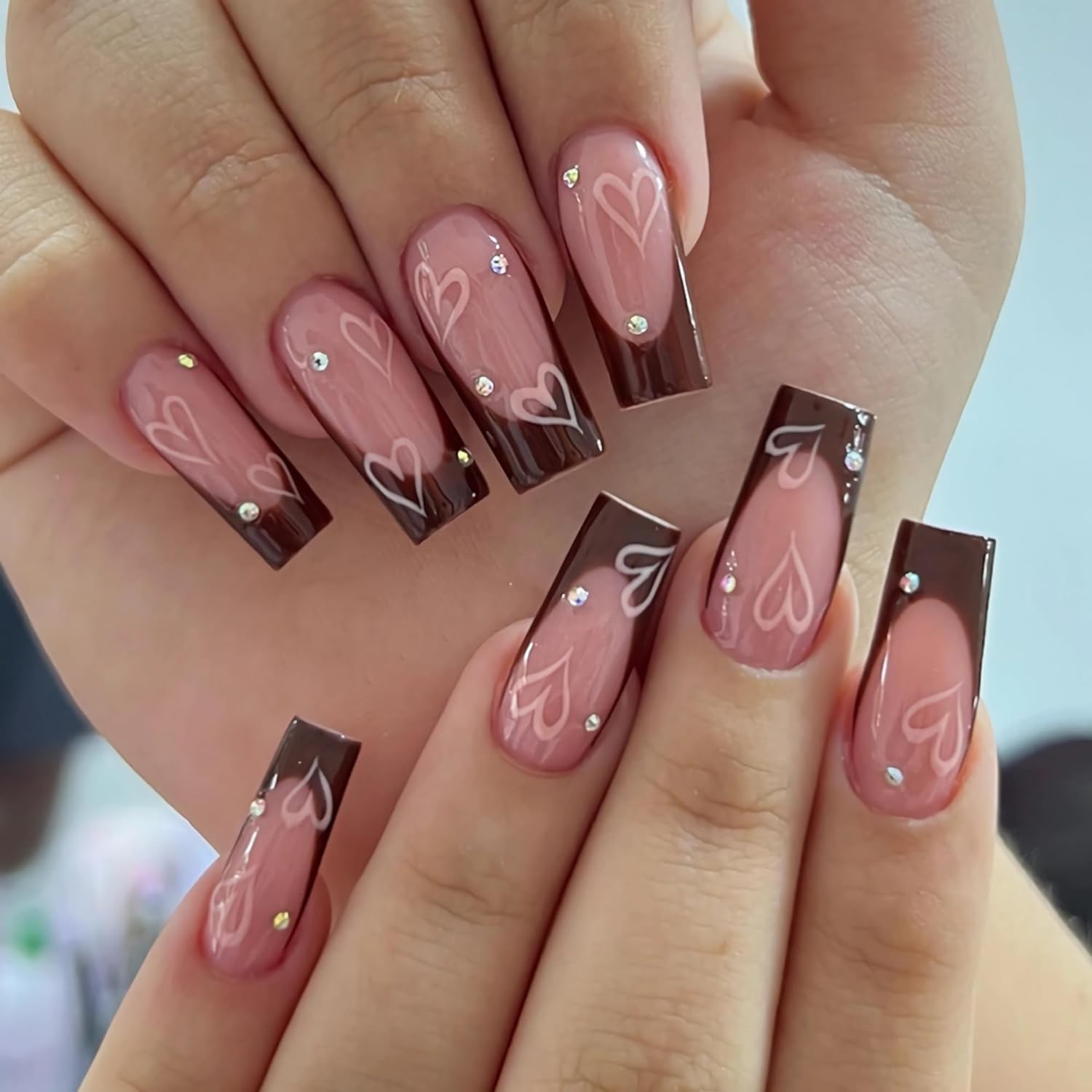 BABALAL Fall French Tip Press on Nails Medium Square Fake Nails Brown Glue on Nails Heart Rhinestone Design Shiny Acrylic Nails 24Pcs Squoval Manicure Artificial Cute False Nails for Women and Girls