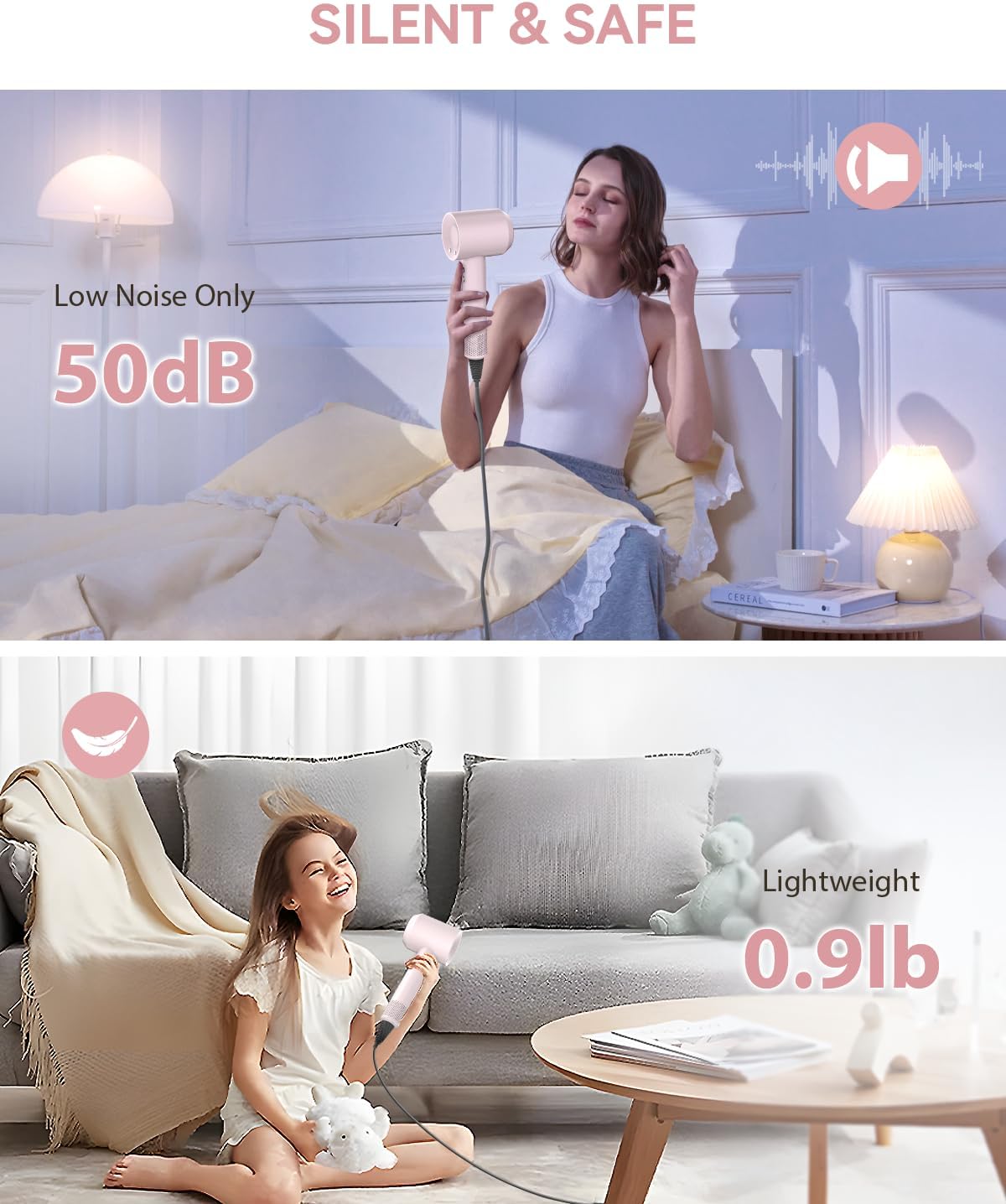 Hair Dryer for Women High Speed 1500W, warmmama Ionic Blow Dryer for Curly Hair Quiet Brushless Motor Fast Drying Thermo-Control, Travel Hair Dryers with Diffuser and Nozzle, Pink - Image 5