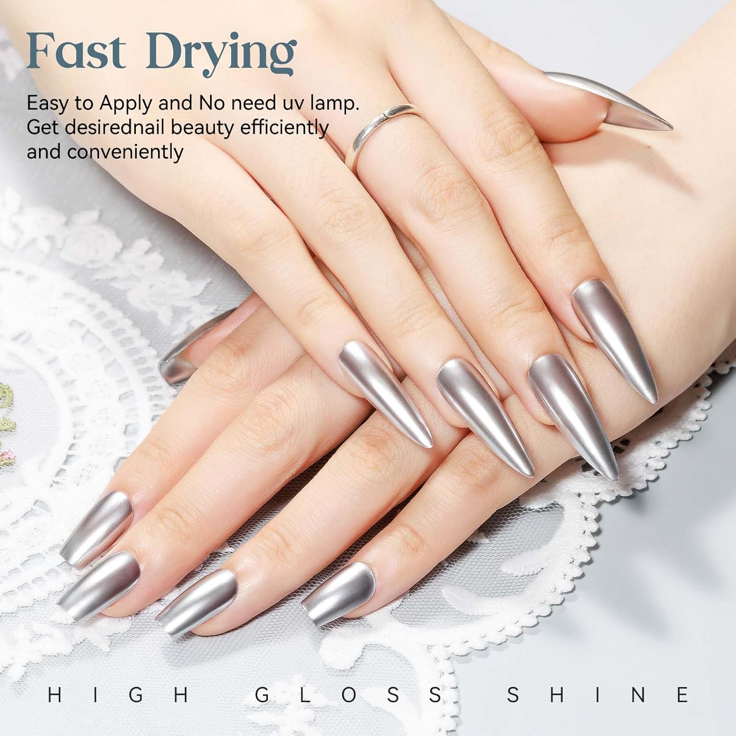 MIZHSE Silver Mirror Nail Polish, Quick Dry Metallic Nail Polish, Air Dry Fast Chrome Nail Lacquer Bright Color Oil-based Nail Art Manicure Home DIY - Image 4