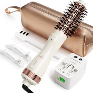 Dual Voltage(110~250V) 1.8 Inch Barrel Round Brush Blow Dryer, Hair Dryer Brush with European Plug Adapter, 4-in-1 Negative Ionic One Step Volumizer Dryer- 2.8 Inch Include Bristles