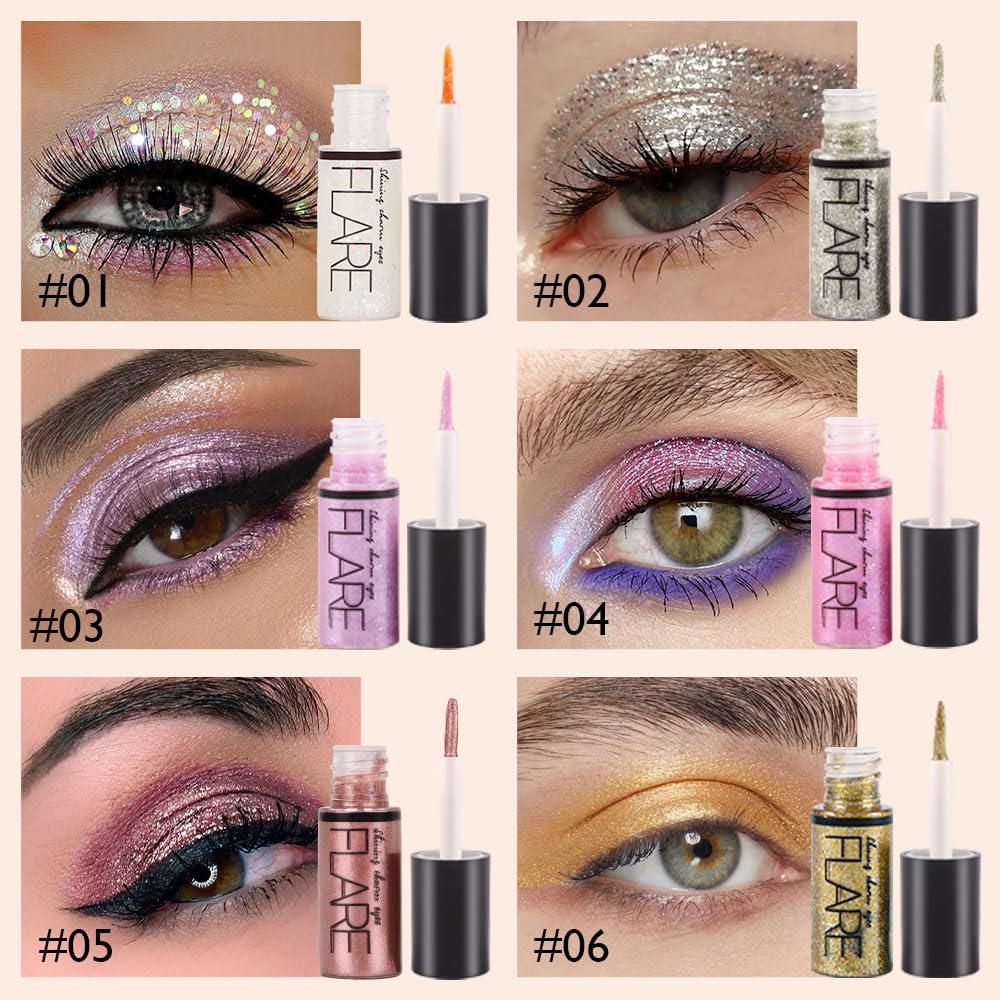evpct 6 Colors Liquid Glitter Shimmer Metallic Sparkle Eyeshadow Set A,Glitter Colorful sequins Diamond silver Mermaid purple Mermaid pink Dazzling mavue Dazzling Gold Liquid Eyeshadow Makeup Palette - Image 2
