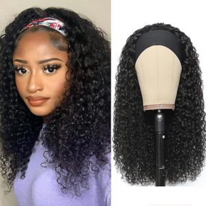 XSY Headband Wig Human Hair Deep Wave 16 Inch Curly Headband Wigs Glueless None Lace Front Wigs for Black Women Deep Curly Headband Half Wigs 150% Density Natural Color