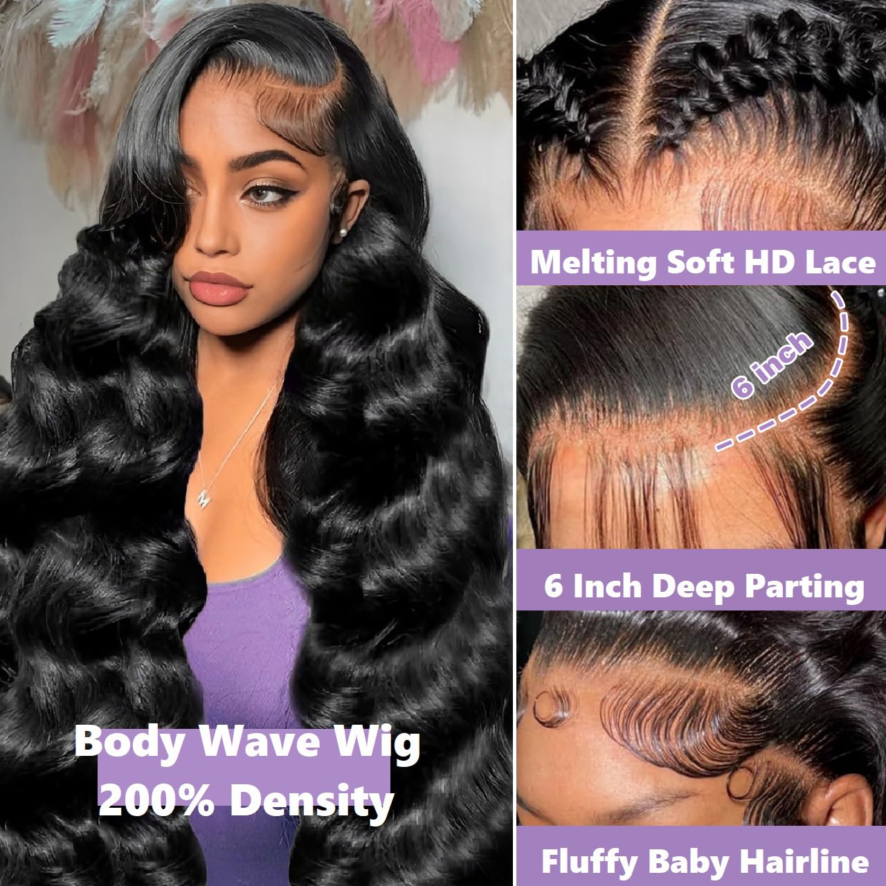 32 Inch 13x6 Lace Front Wigs Human Hair 200 Density Body Wave HD Lace Front Wigs Human Hair Pre Plucked Natural Color Glueless Wigs for Women - Image 3