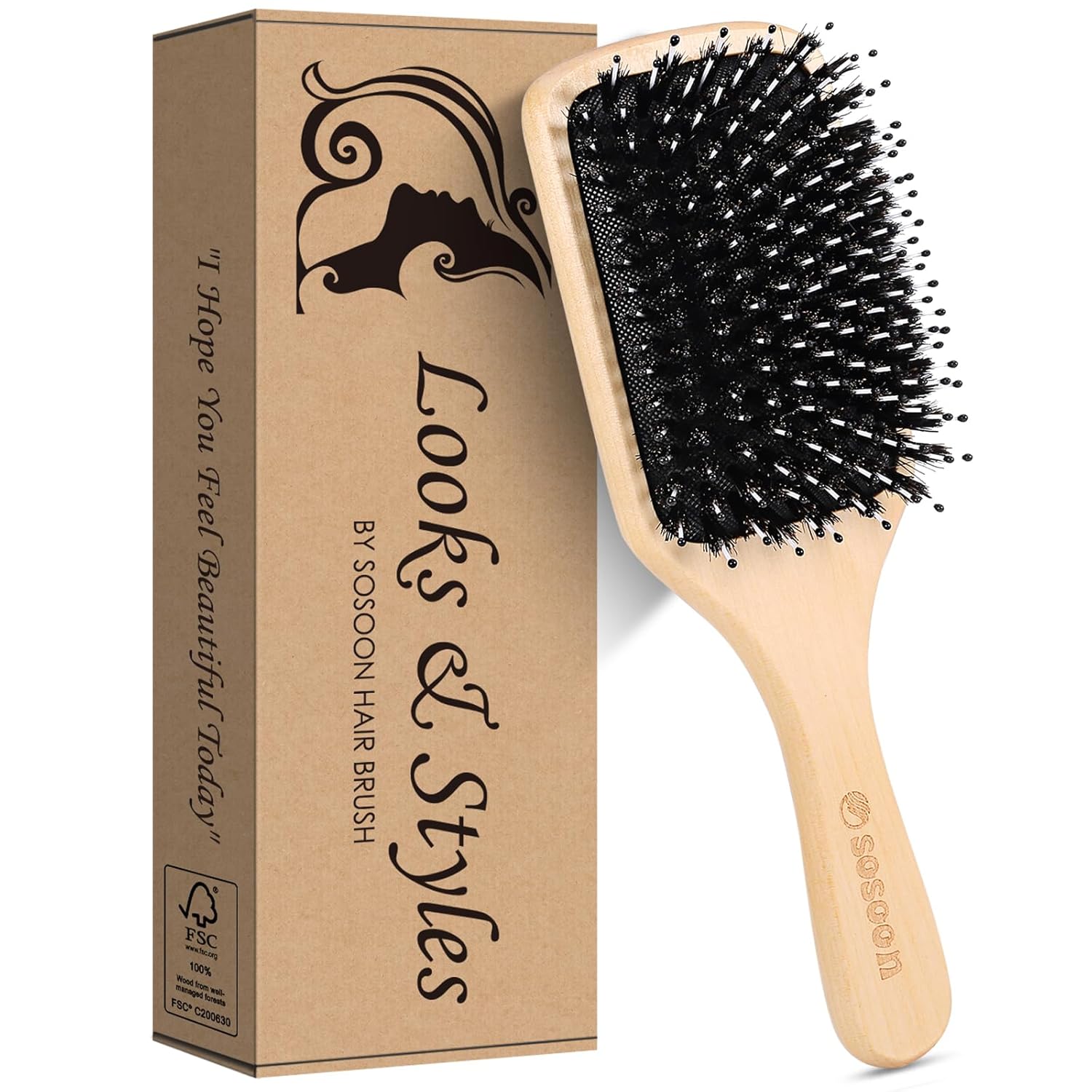 Hair Brush, Sosoon Boar Bristle Paddle Hairbrush for Long Short Thick Thin Curly Straight Wavy Dry Hair for Men Women Kids, No More Tangle, Giftbox & Tail Comb Included - Image 7