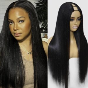 Nadula V Part Wig Yaki Straight Human Hair No Leave Out Glueless Upgraded U Part Wigs for Women,10A Yaki Straight V-part Wigs V Shape Clip in Half Wig Ready to Go 150% Density 16inch