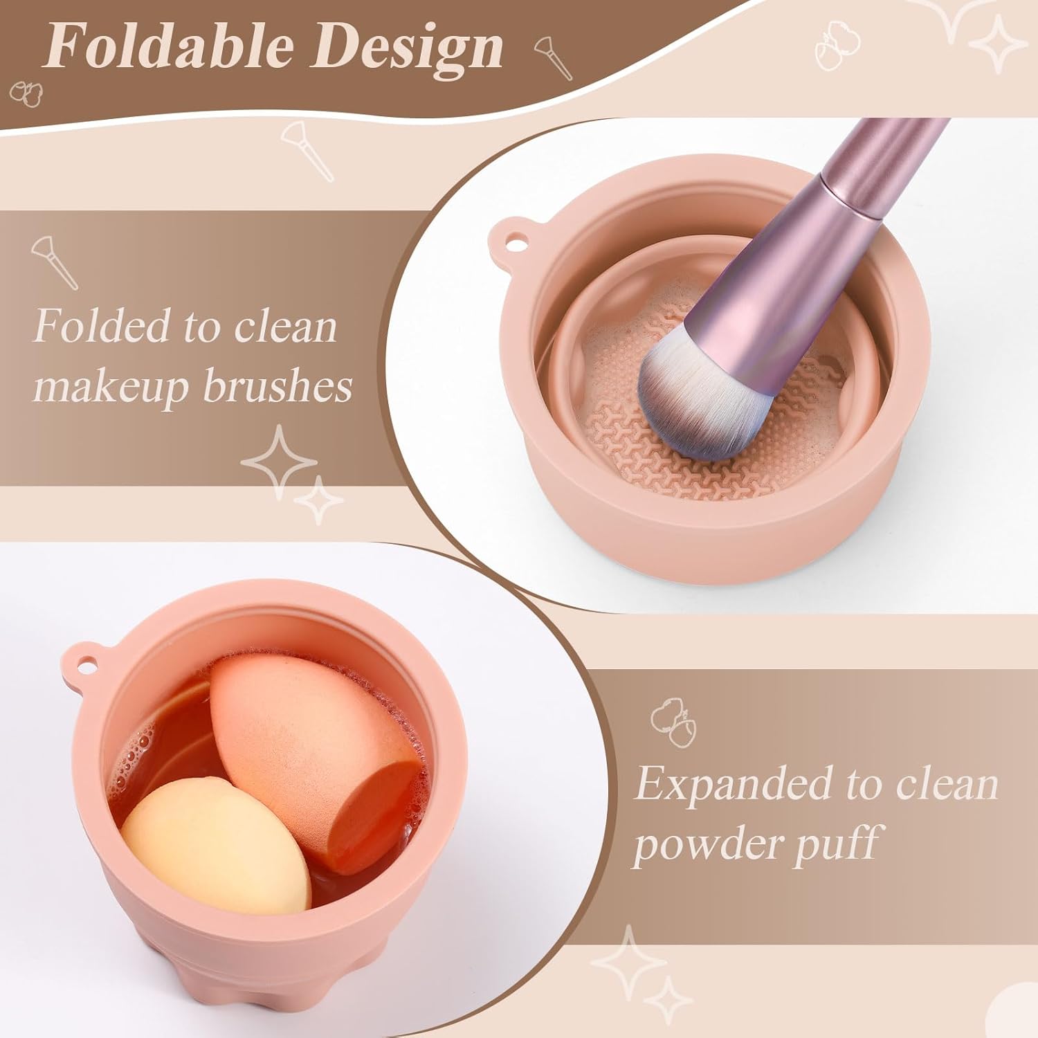 WantGor Makeup Brush Cleaner Mat with Brush Storage Holder, 3 in 1 Foldable Silicone Bowl Cosmetic Brushes Cleaning Pads Tool for Makeup Brush, Makeup Sponge, Powder Puff (Khaki) - Image 3