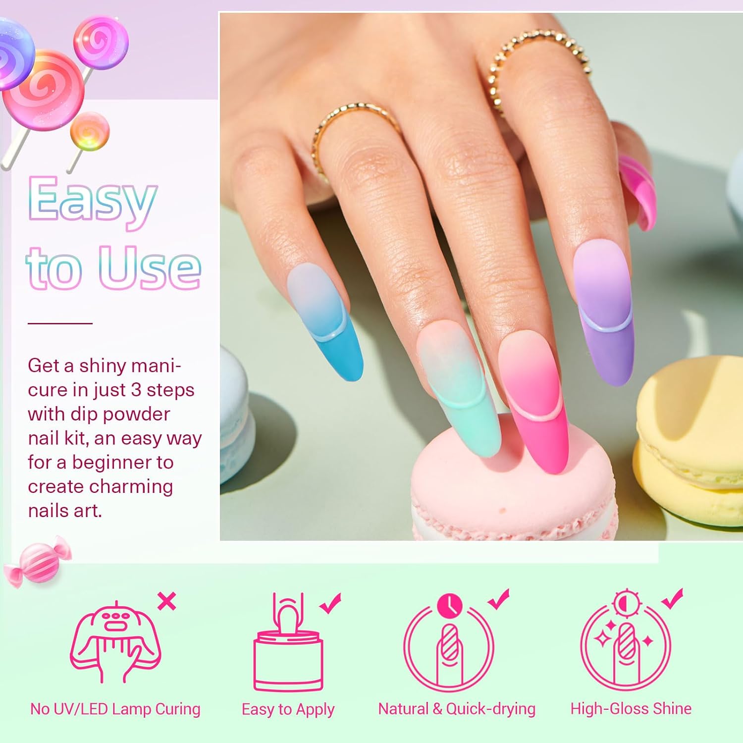 AZUREBEAUTY Dip Powder Nail Kit Starter, Spring Summer Bright Pastel Green Hot Pink Purple 4 Colors Dipping Powder Liquid Set with Base/Top Coat Activator for French Nail Art Manicure DIY Easter Gift - Image 3