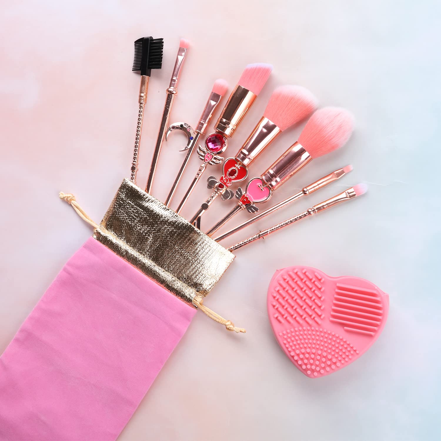 Makeup Brushed Set 8PCs Sailor Moon Magical Girl Golden Cosmetic Brush Tool Pink Eyeshadow Brushes Eyeliner Eyebrow Essential Cosmetic Brush Kits - Image 2