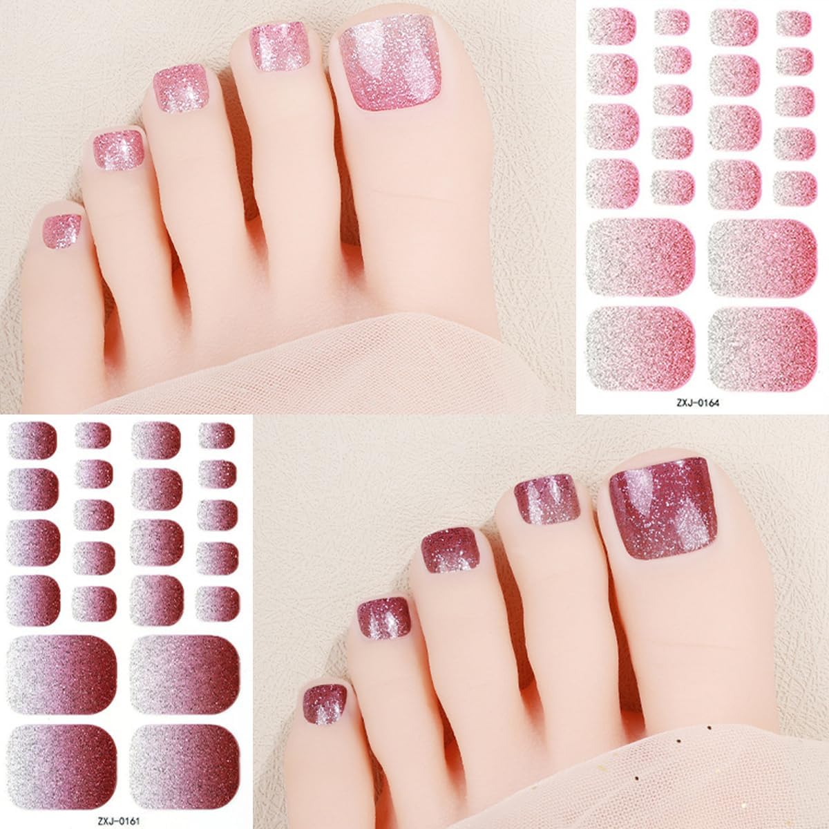 Glitter Toe Gel Nail Stickers - 6 Sheets Full Wraps Polish Strips Supply Self Adhesive Design Decals for Women Girls DIY Manicure Toenail Wraps - Image 4