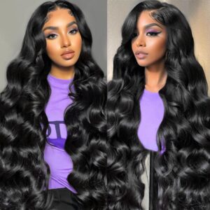 Body Wave Lace Front Wigs Human Hair Pre Plucked 13x4 HD Transparent Lace Front Wig 180% Density Glueless Frontal Wigs Brazilian Virgin Wig Human with Baby Hair for Women Natural Black 28 Inch