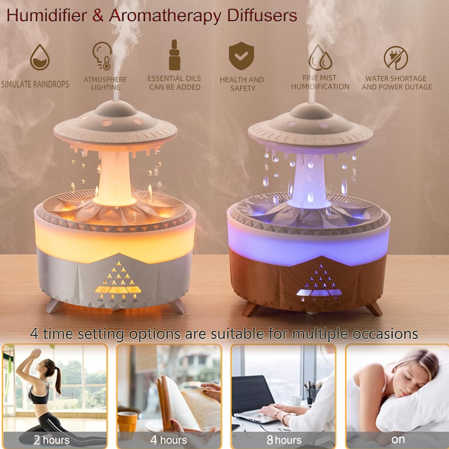 Raindrop Humidifiers for Bedroom -Essential Oil Diffuser with 7 Colors LED Lights,Air Humidifiers,Cool mist humidifier with 4 timers,Vaporizers for nursery,family,bedroom and office(No remote control) - Image 3