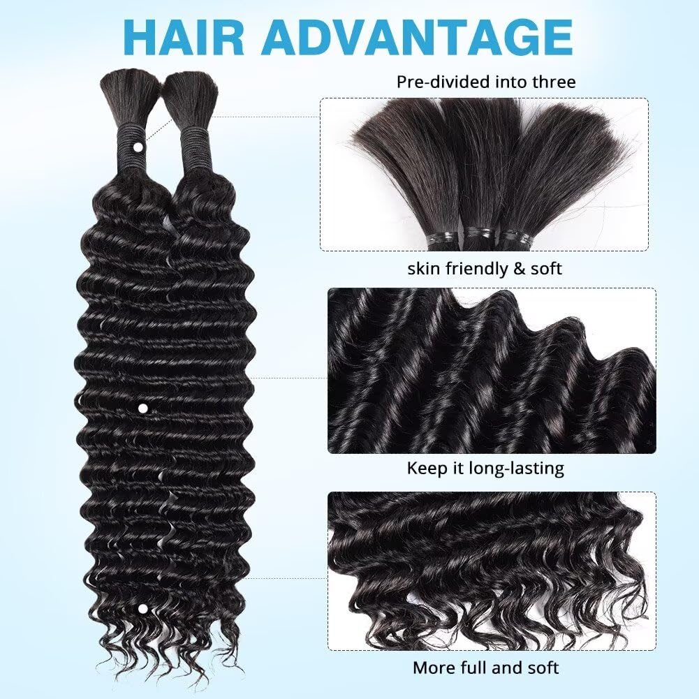 Human Braiding Hair 12A Deep Water Wave Bulk Human Hair 100g 18 Inch Curly Human Hair for Boho Braids Hair Extensions No Weft 2 Braids Per Pack Wet and Wavy Human Hair Braiding Hair Natural Black - Image 4