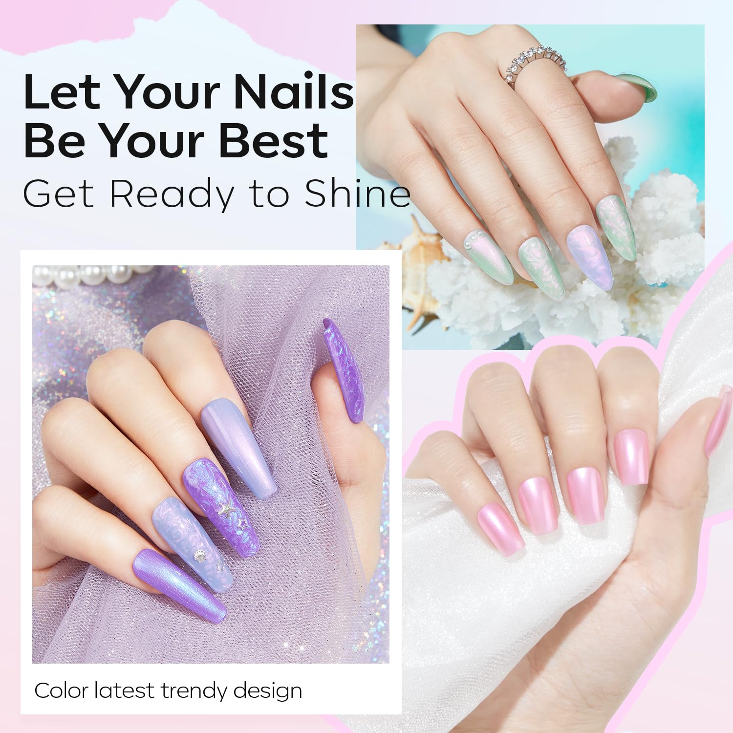 modelones Nail Polish Set, 6 Colors Summer Chrome Shimmer Pearl White Pink Mermaid Purple Quick Dry Nail Polish Kit Fingernail Polish 2025 Manicure DIY Salon Home Gifts for Women Girl - Image 3