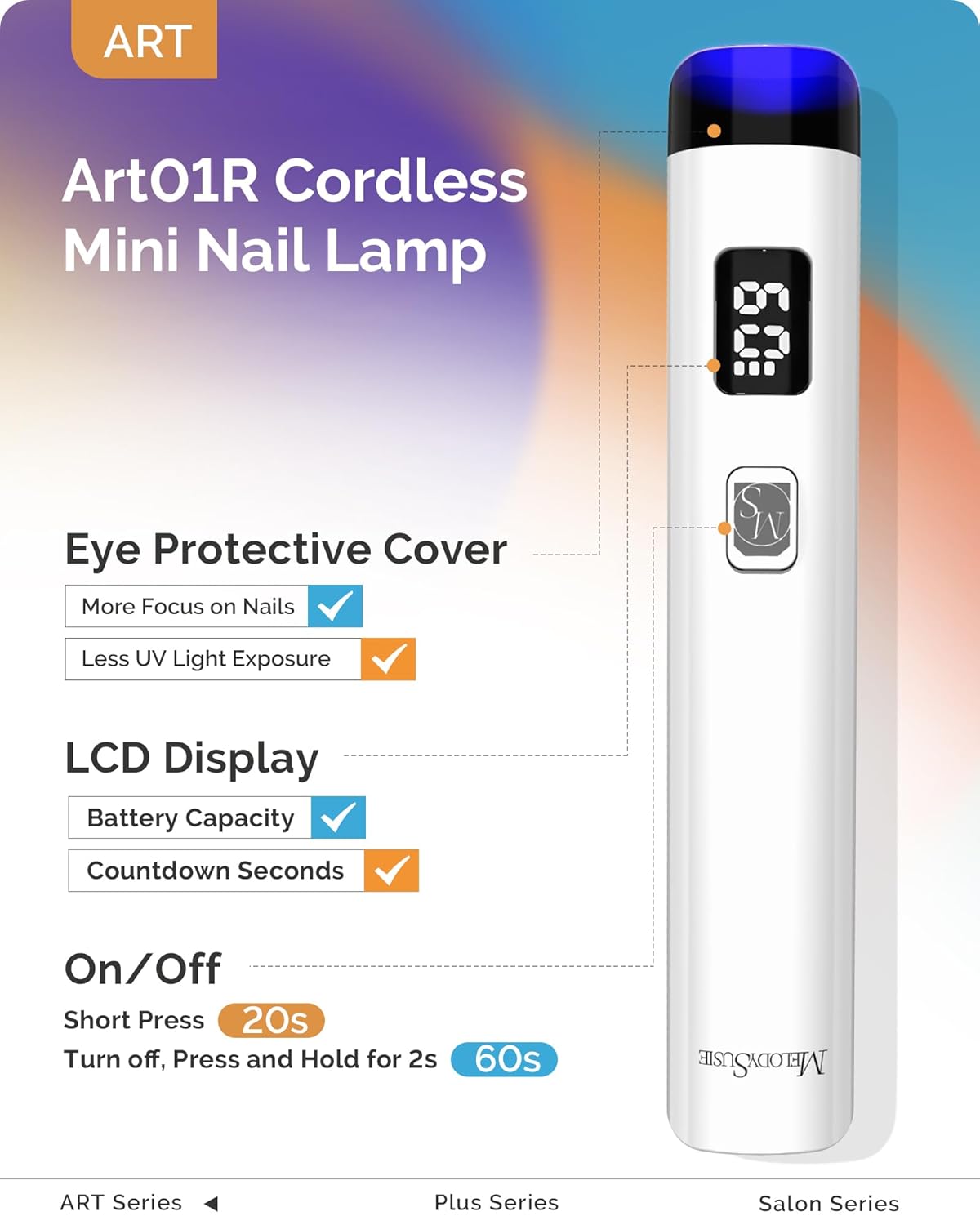 Melodysusie Handheld UV Light for Gel Nails, ART01R Cordless Gel X Nail Lamp Rechargeable with LCD Display, Eye-Protective Cover Flash Cure Nail Dryer for Rhinestone Glue Decoration DIY at Home White - Image 2