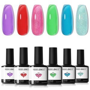 modelones Summer Gel Nail Polish, 6 Colors Jelly Gel Polish Neon LGBT Red Blue Green Pink Purple Nail Art Design Translucent Soak Off Manicure Salon DIY Girls Women Gift
