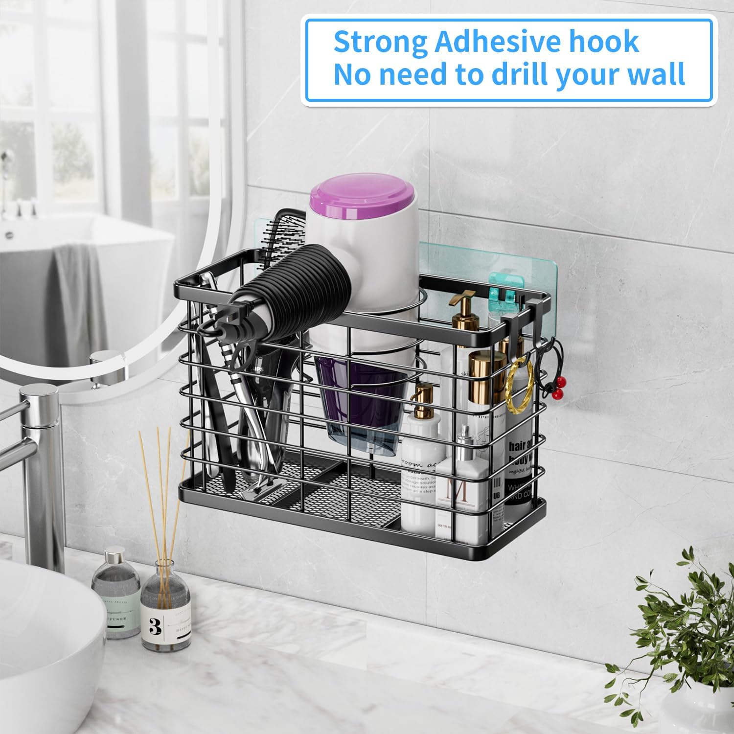 OVICAR Hair Dryer Holder - 3-in-1 Hair Tool Organizer Blow Dryer Holder Adjustable Height Wall Mounted/Cabinet Door Bathroom Organizer Storage for Hair Dryer, Flat Irons, Curling Wands, Straighteners - Image 4