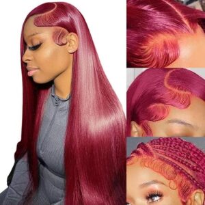 Burgundy Wig Human Hair 28inch 13x6 HD Transparent Lace Straight 99J Red Human Hair Wig Colored Reddish Brown Lace Frontal Wigs 180% Density Pre Plucked With Baby Hair