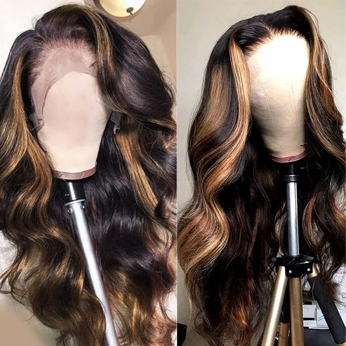 Brazilian Human Hair Highlight Balayage Body Wave Ombre Lace Closure Wig Honey Blonde 18 Inch 150% Density - Image 2