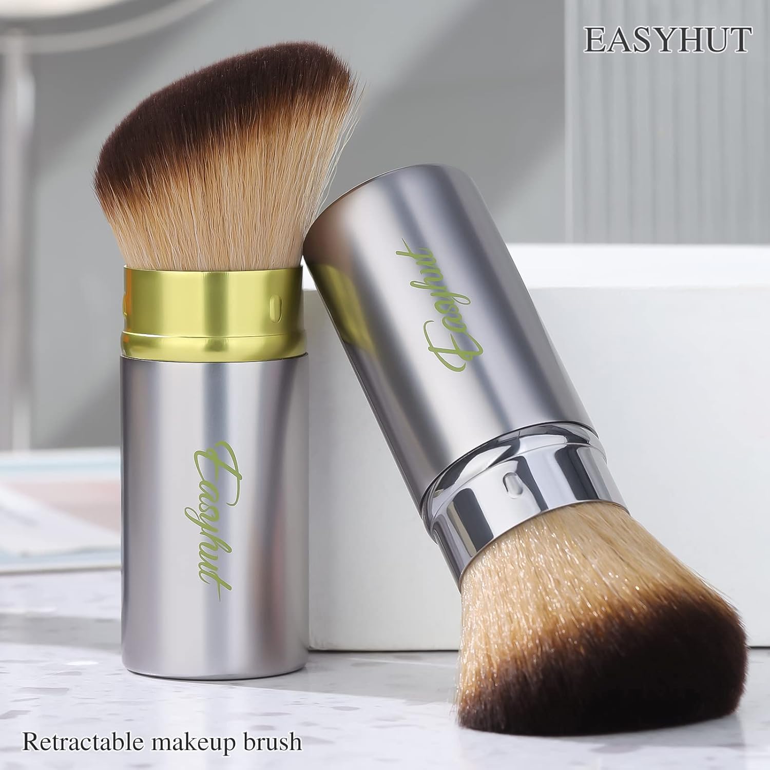 Retractable Kabuki Makeup Brushes 2 Pcs Blush Brushes Set Portable Powder Brushes with Flat and Angled Top for Liquid Cream Cosmetics Travel. (Silver Green) - Image 8