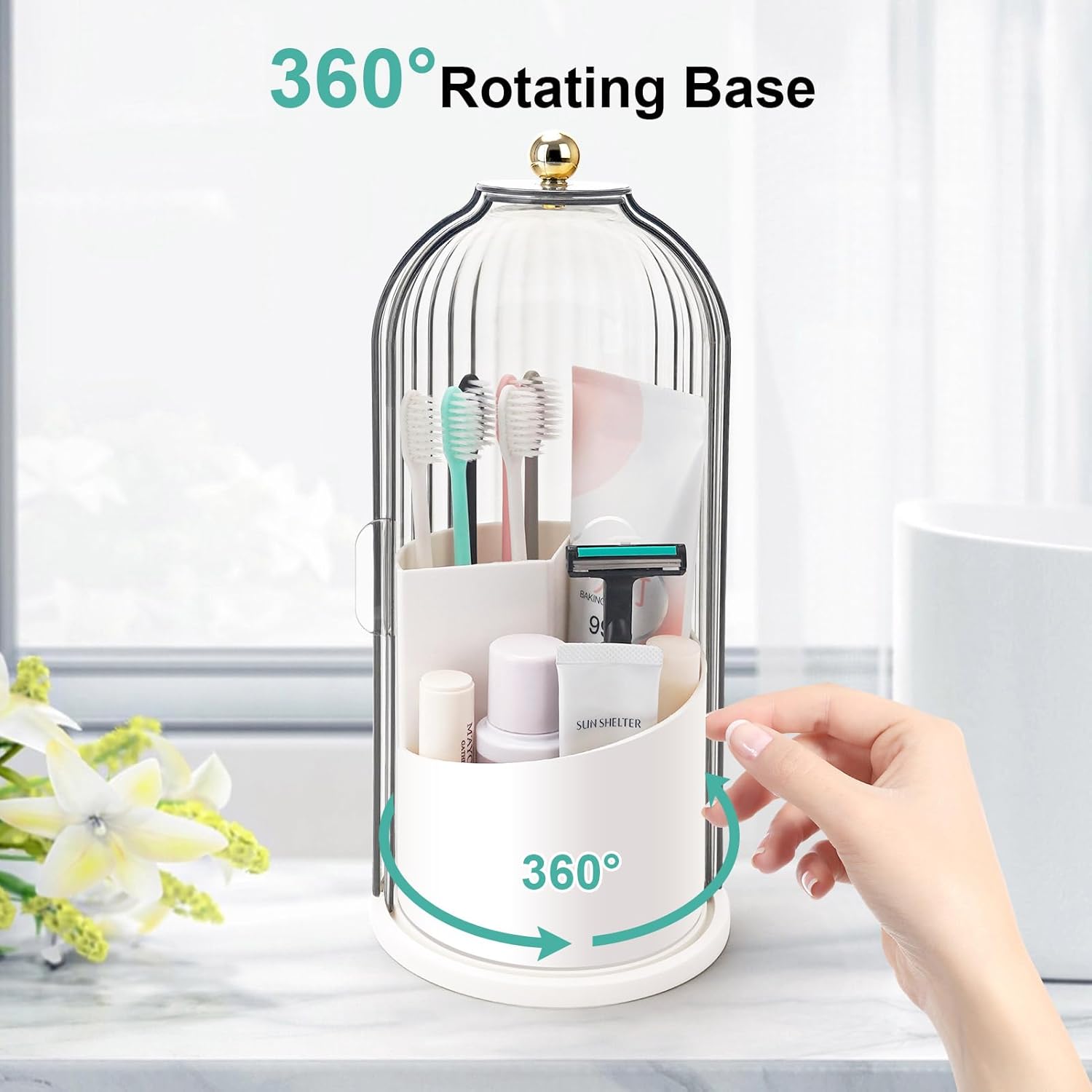 Toothbrush Holders with Sliding Lid, Rotating 3 Slots Bathroom Organizer Countertop, Tooth Brush Toothpaste Holder Bathroom Counter Stand Sink Organizer Caddy for Vanity Makeup Brushes Holder - Image 3