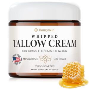 Honeyskin Whipped Tallow and Honey Cream – 100% Grass-Fed All Natural Mountain Beef Tallow for Skin Face Moisturizer – Nourishing, Hydrating Cream for Dry, Sensitive Skin – Gentle Soothing Care, 4oz