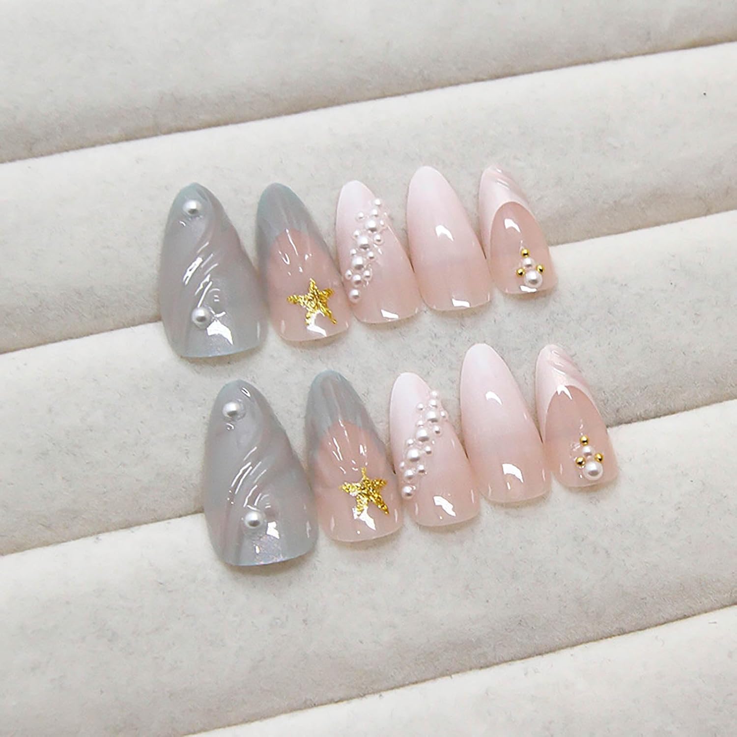 Almond Press on Nails Medium Fake Nails Blue White French Tip False Nails with 3D Shell Star Designs White Ombre Nail Press ons Glossy Glue on Nails Cute Stick on Nails for Women 24Pcs - Image 2