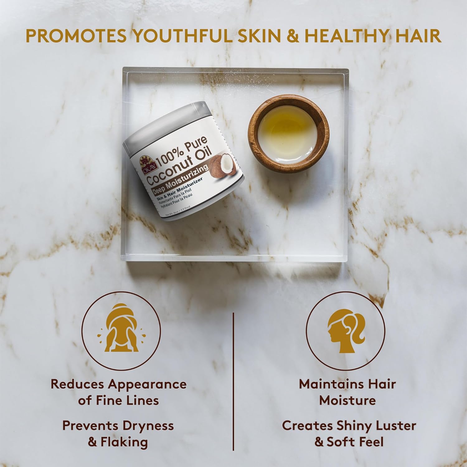 Okay 100% Pure Coconut Oil for Hair & Skin - Coconut Oil for Women & Men, Perfect for Hair & body, Natural Massage Oil & Moisturizer - 6 fl oz Jar (Pack of 1) - Image 3