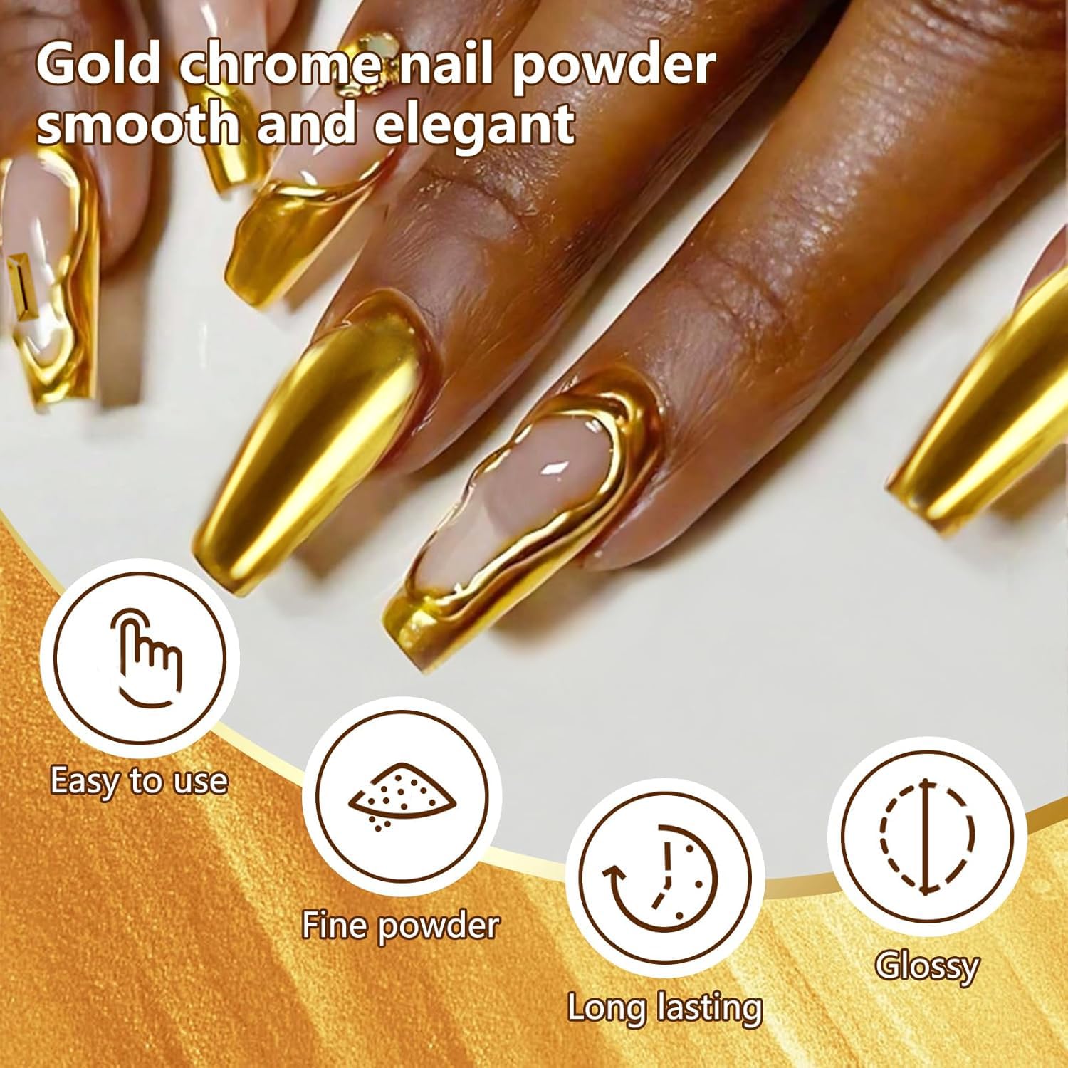Holographic Mirror Gold Nail Chrome Powder Effect Metallic Dust Sequins UV Gel Gold Chrome Nail Powder Pigment for Nail Art Decoration, Gold Chrome Powder for Nails - Image 5