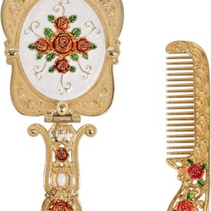YUSONG Vintage Gold Mirror, Metal Antique Hand Mirror Comb Set Handheld Folding Antique Mirror for Travel Embossed Rose Small Vanity Mirror Hand Mirror with Handle Gift for Women (Gold)