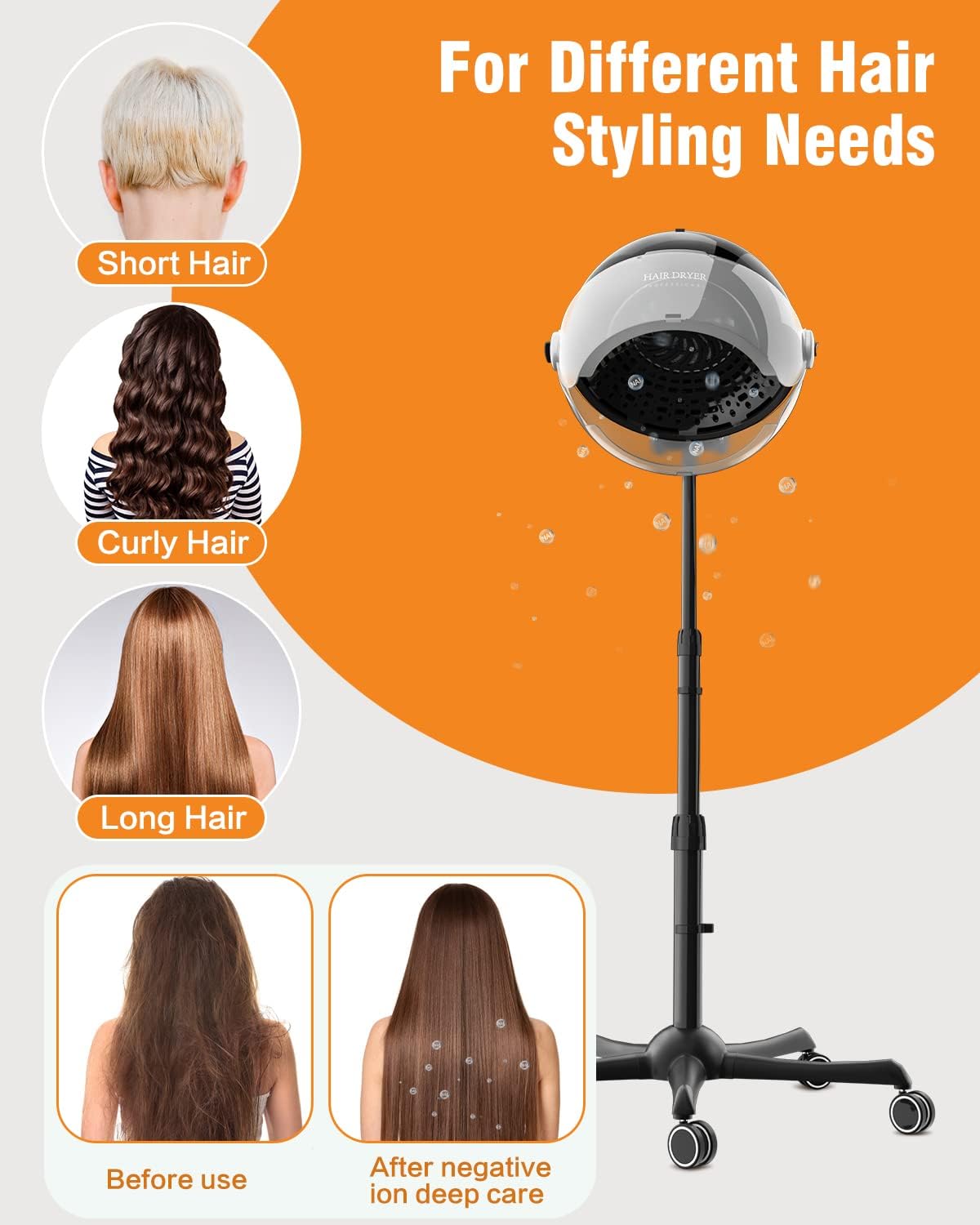 Ionic 1875W Standing Hooded Hair Dryer with Adjustable Bonnet, 3 Heat Settings, and Wheels - Image 6