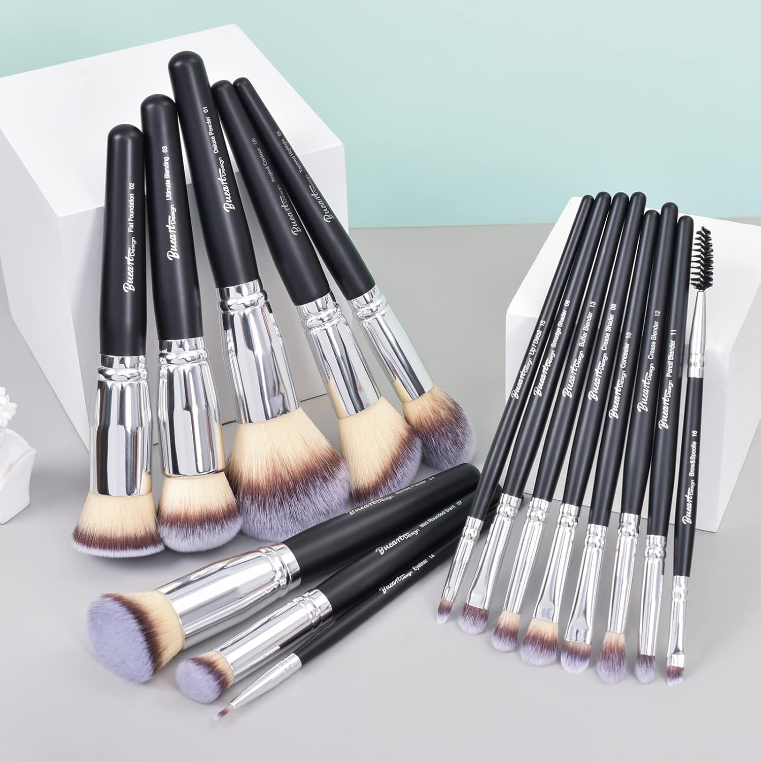 Bueart Design 19Pcs ULTRA SOFT Black labeled Makeup Brushes set Contains large powder Flat Foundation Blending Blush Face contour Concealers Brush (16Pcs Matte Black S) - Image 6