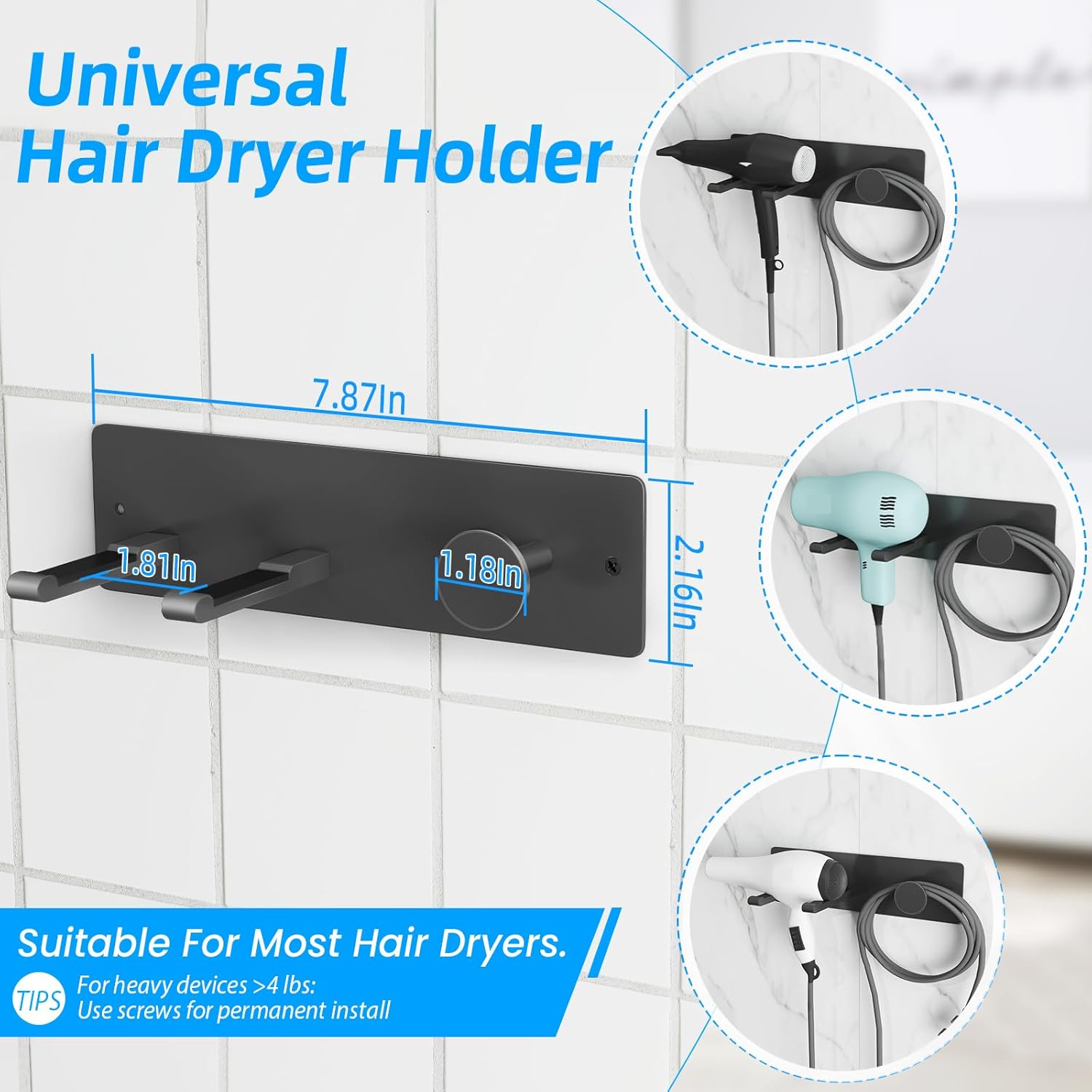 Self Adhesive Hair Dryer Holder Wall Mounted-Bathroom Hair Blow Dryer Rack Organizer Compatible with Supersonic Hair Dryers, Matte Black - Image 2