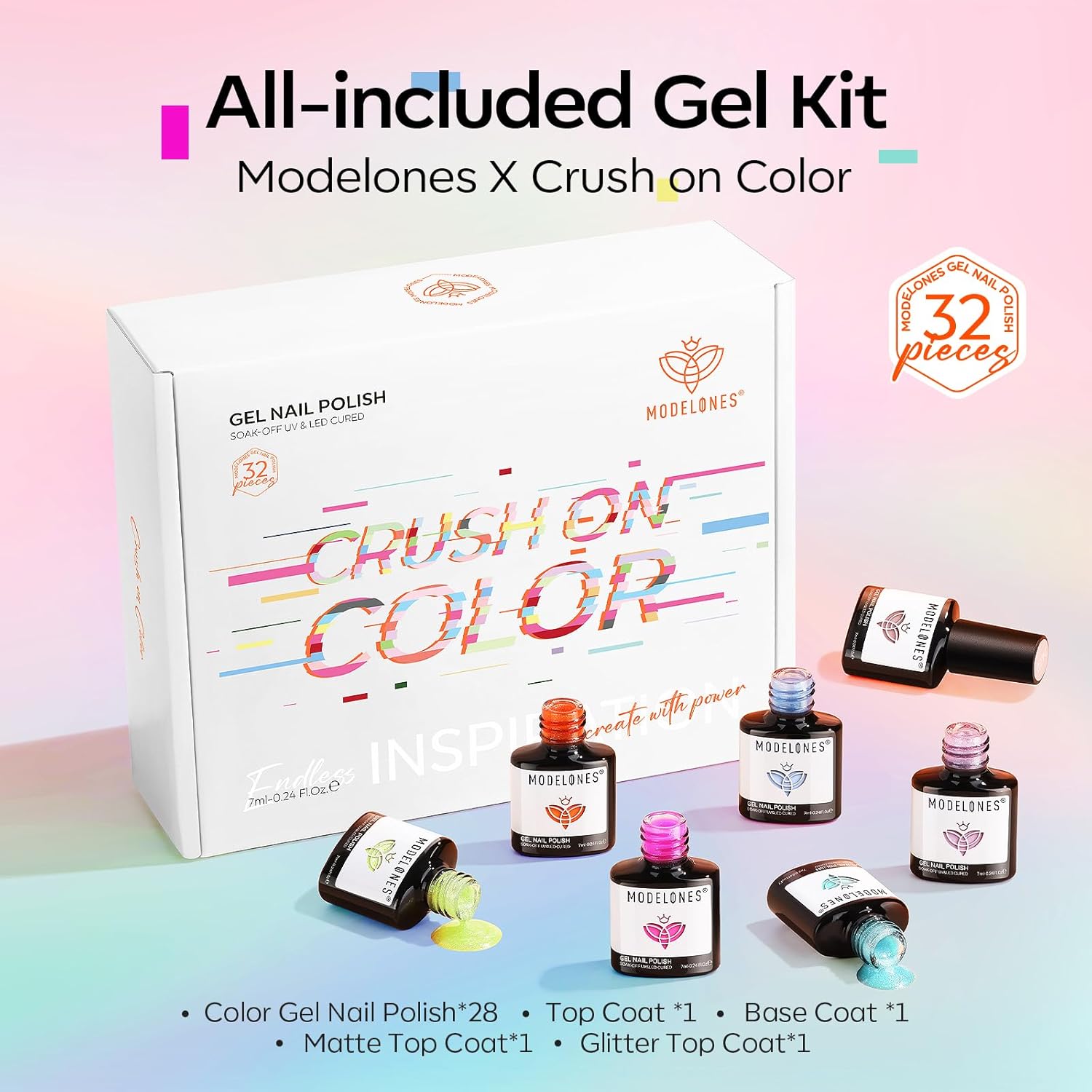 Modelones 32 PCS Summer Gel Nail Polish Set, 28 Colors Glitter Cat Eye Jelly Pearl Chameleon Gel Polish with Magnet, No Wipe Base Coat, Glitter & Glossy & Matte Top Coat Soak Off Nail Art Kit - Image 9