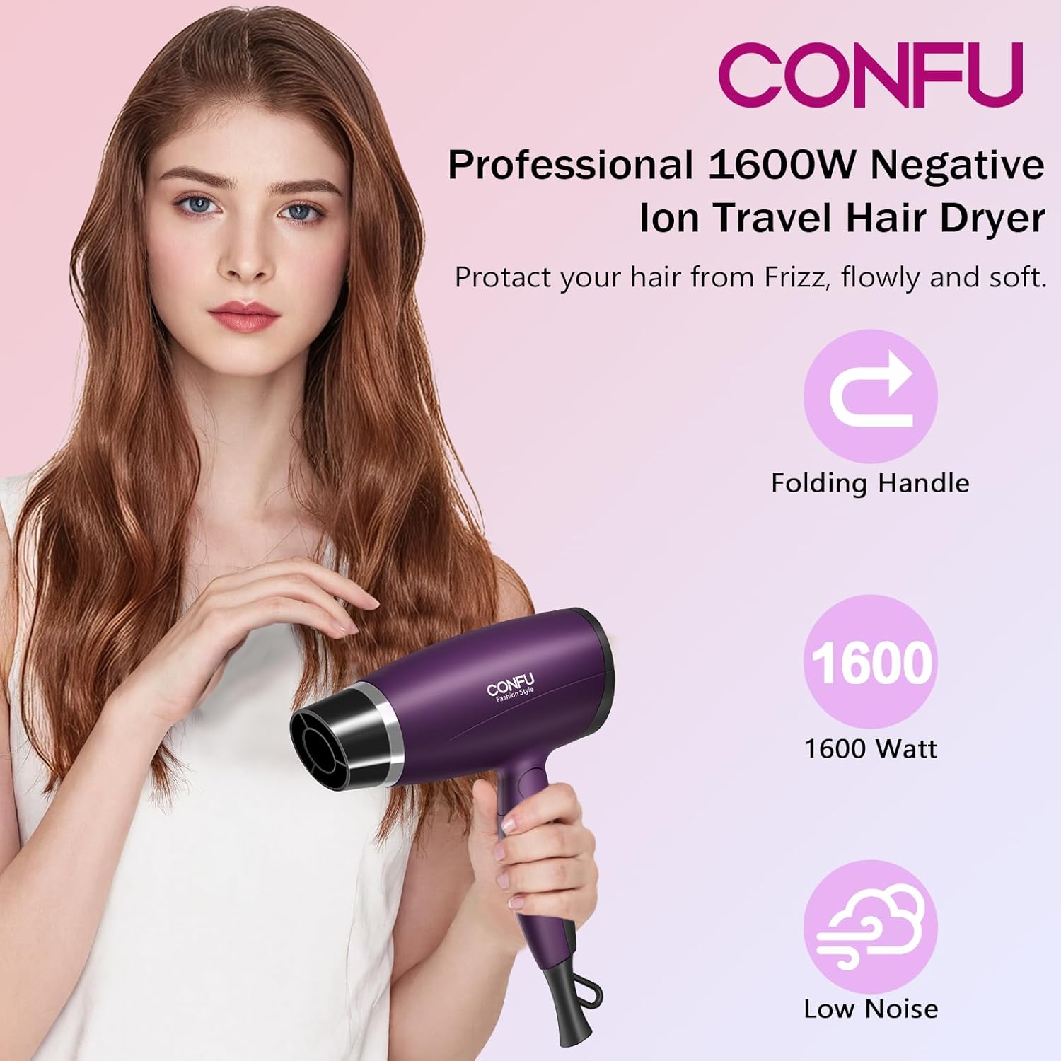 CONFU Portable Travel Hair Dryer 1600W Folding Handle Ceramic Tourmaline Ionic Purple - Image 2