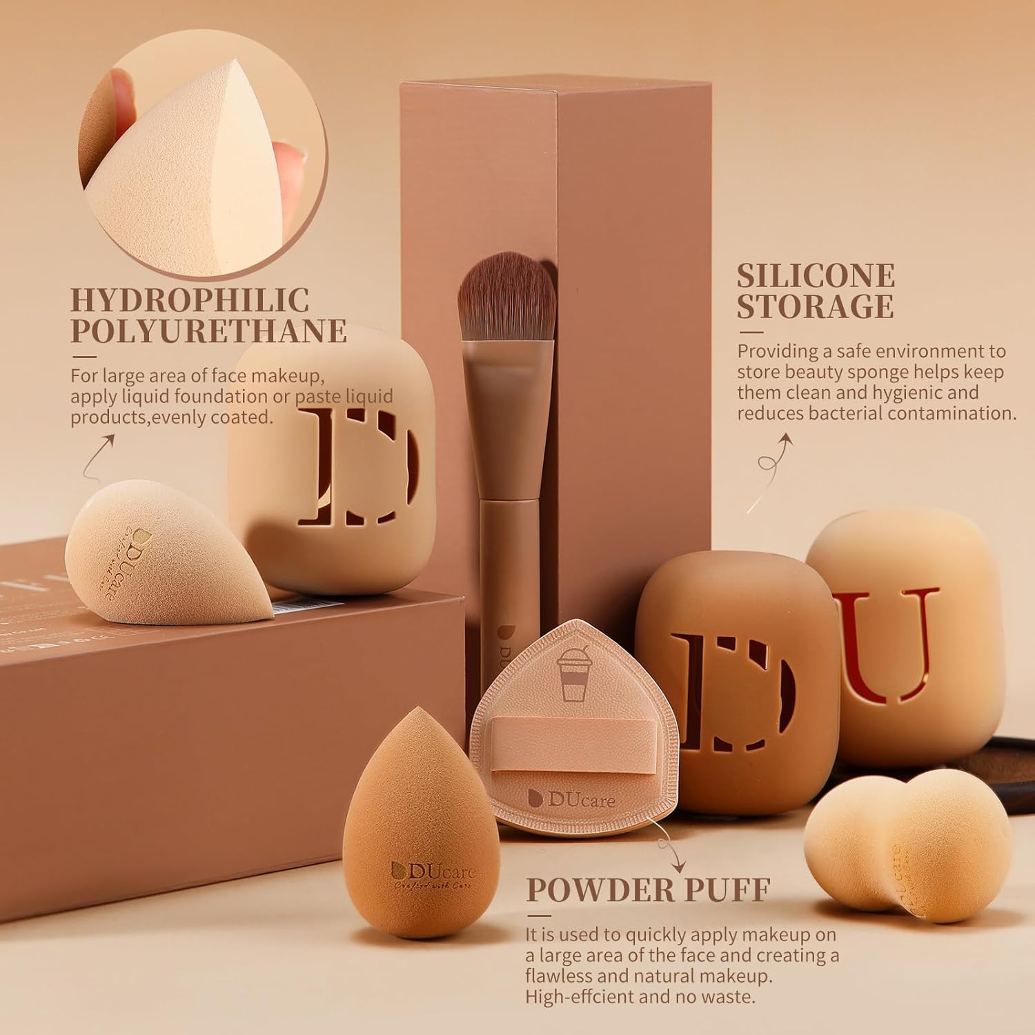 DUcare Makeup Brushes 14Pcs Coffee Series Makeup Brush set with Makeup Sponges Valentines Day Christmas Gifts Foundation Blending Face Powder Blush Eye Shadows Brushes - Image 4