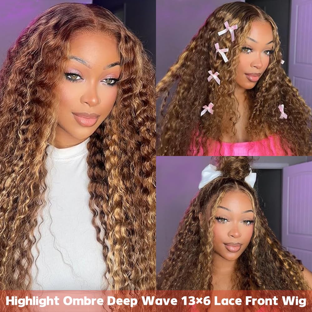 30inch Highlight Ombre Lace Front Wig Human Hair 13x6 HD Honey Blonde 4/27 Deep Wave Lace Front Wigs Human Hair 200 Density Glueless Wigs Human Hair Pre Plucked with Baby Hair - Image 7