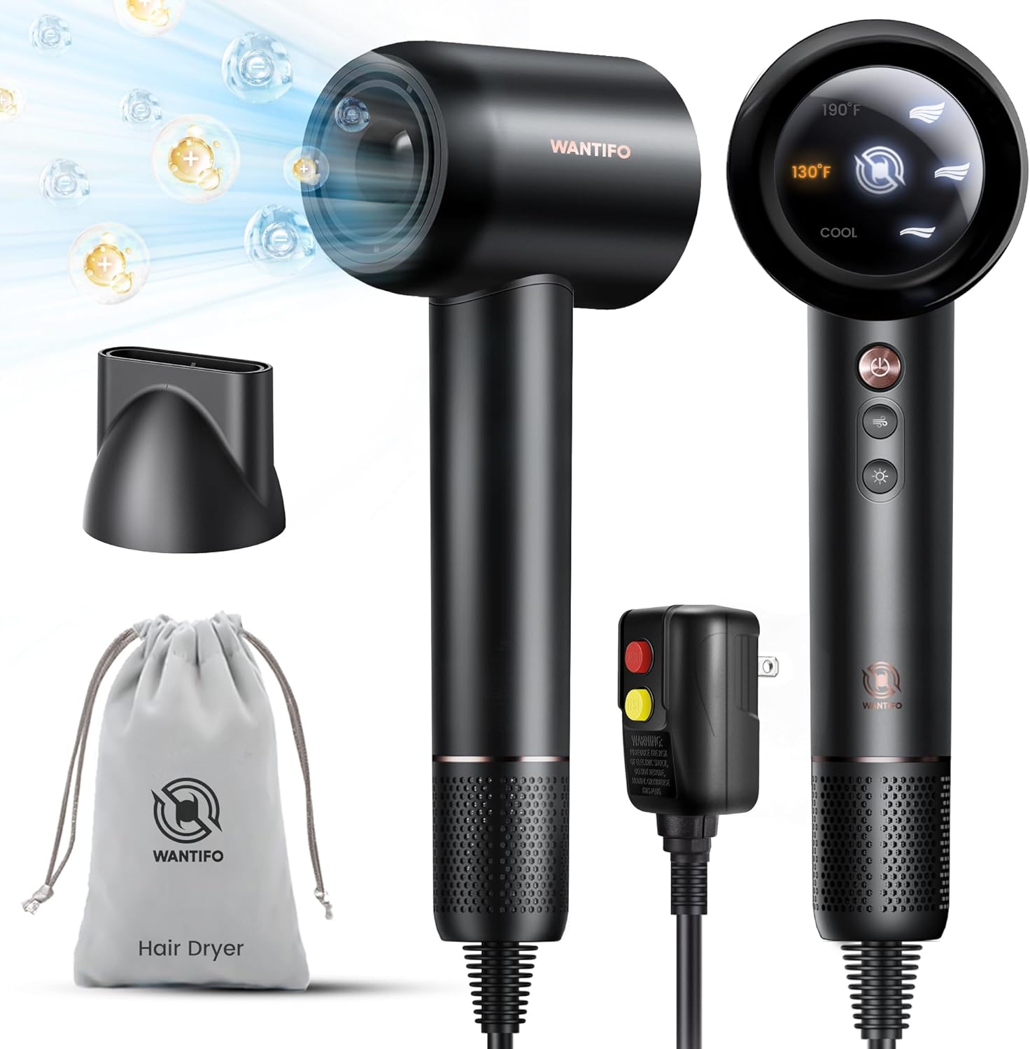 Ionic Hair Dryer High Speed Blow Dryer with 110000 RPM Brushless Motor Fast Drying - LED Display, Thermo-Control, Low Noise Professional Portable Hairdryer for Travel, Salon, Home, Gift (Black)