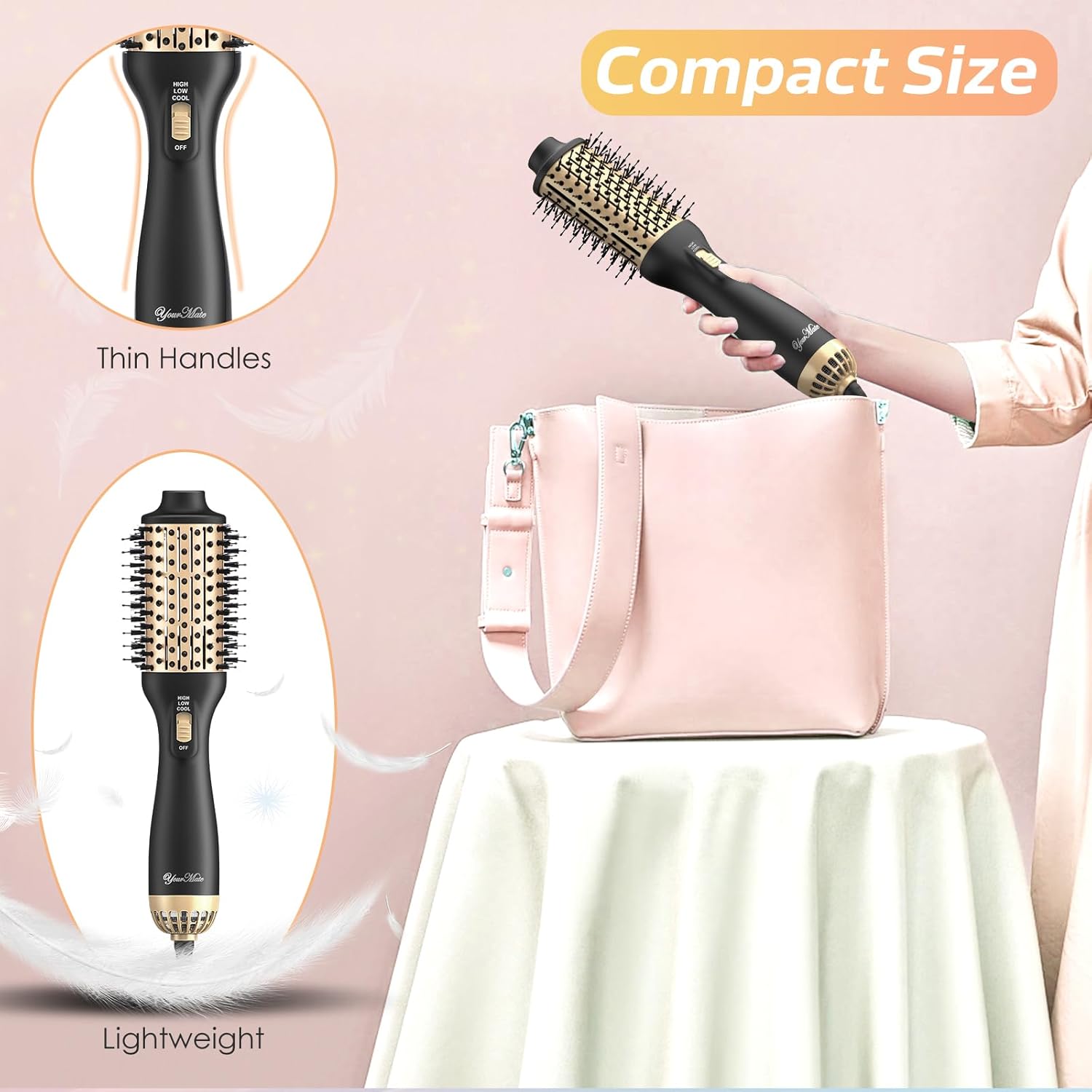 YourMate Hair Dryer Brush - Portable Hot Air Volumizing Brush with Adjustable 3 Temperature Settings for Stylish Hair Drying - Image 3