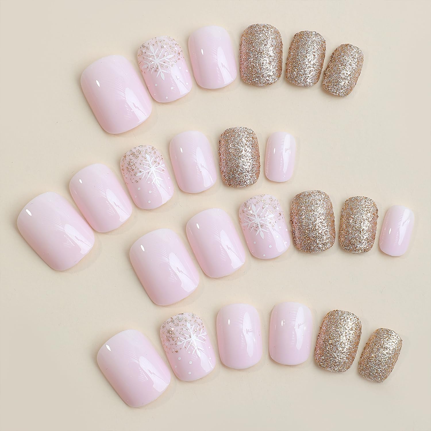 Short Square White Snowflakes Gold Glitter Christmas Press On Nails for Winter Manicure - Image 2