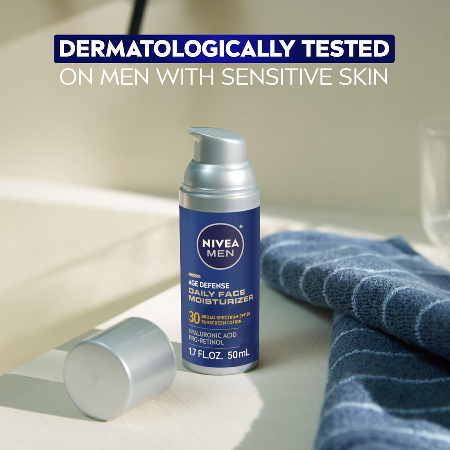 NIVEA Men Age Defense Daily Face Moisturizer with Broad Spectrum SPF 30 Sunscreen, Pro-Retinol and Hyaluronic Acid, Beard-Friendly Face Lotion Helps Defend Against UVA/UVB Rays, 1.7 Fl Oz Bottle - Image 10