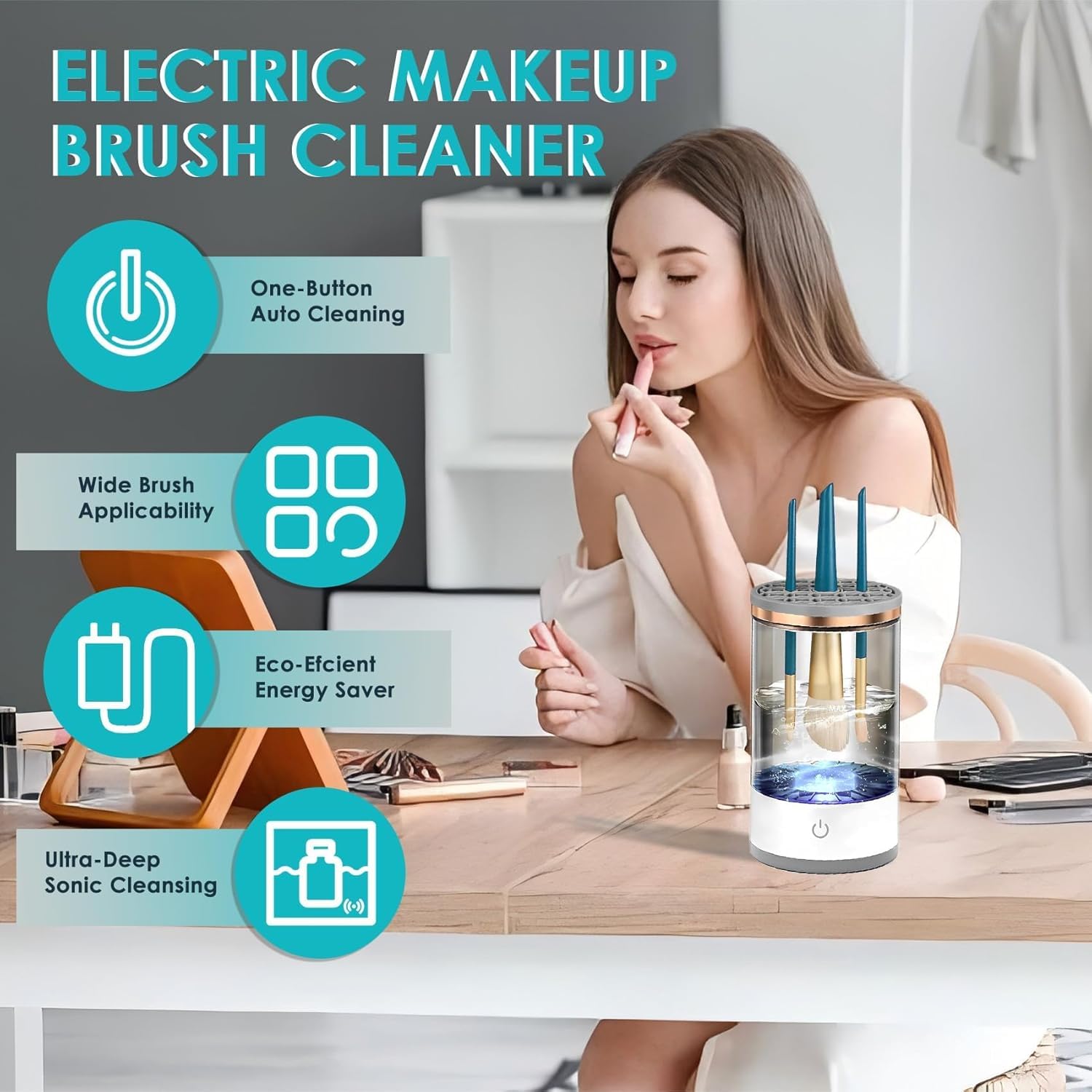 Electric Makeup Brush Cleaner,Multi-Use Cosmetic Brush Cleaner, Automatic Spinning Makeup Brush Cleaner for All Size Makeup Brushes (White) - Image 3