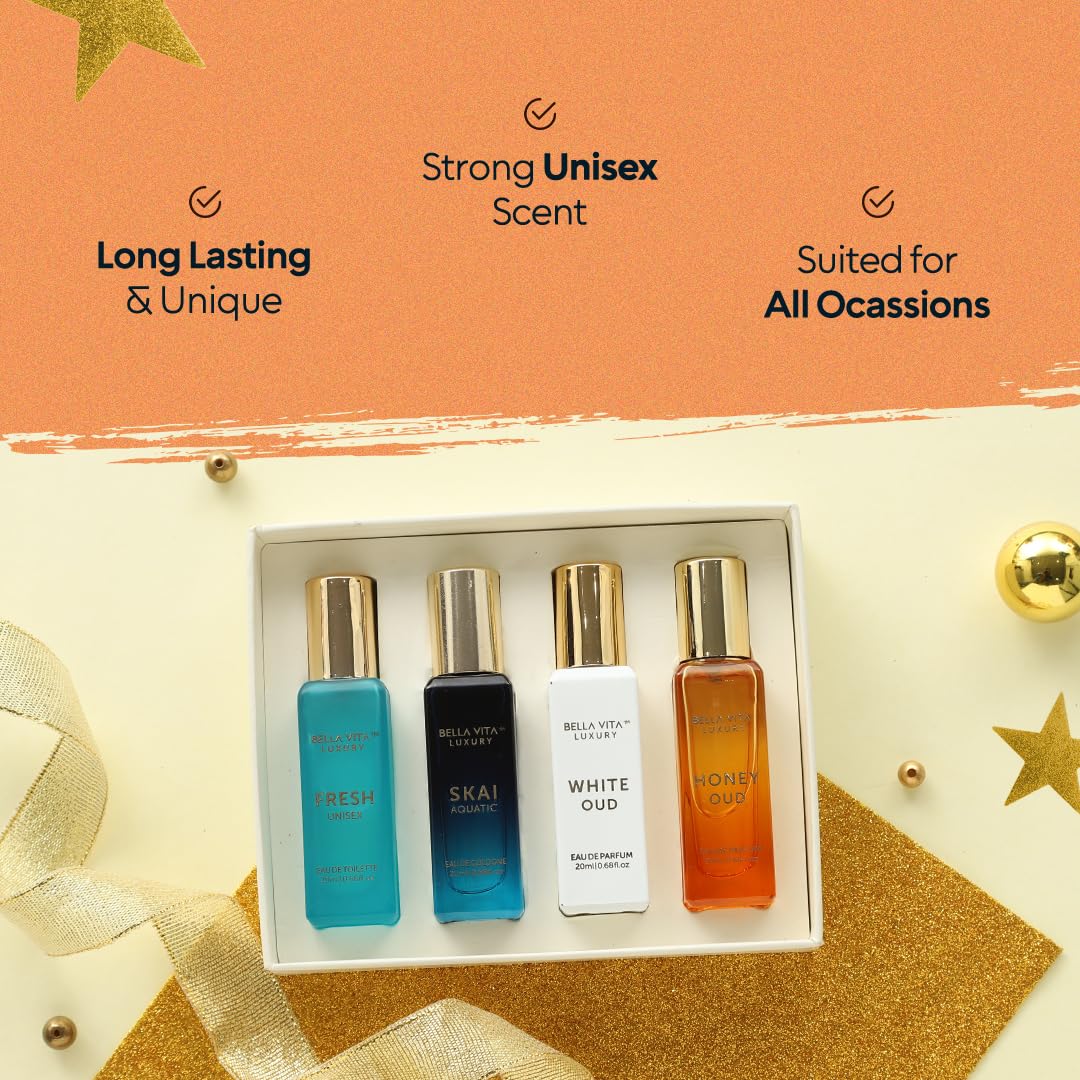 BellaVita Luxury Unisex Cologne Gift Set (4x20ml) | Fragrances Includes Honey OUD, SKAI, FRESH & White OUD | Travel Size Mini Perfumes & Spicy Vanilla Perfume Oil | Unisex Perfume for Women & Men - Image 5