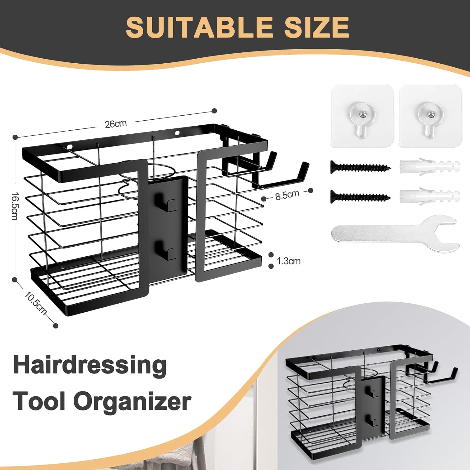 Hair Tool Organizer - Hair Dryer Holder, 3 in 1 Metal Bathroom Organizer Wall Mount for Flat Iron, Curling Iron, Straightener, Styling Tools Bathroom Storage and Organizer (Black) - Image 7