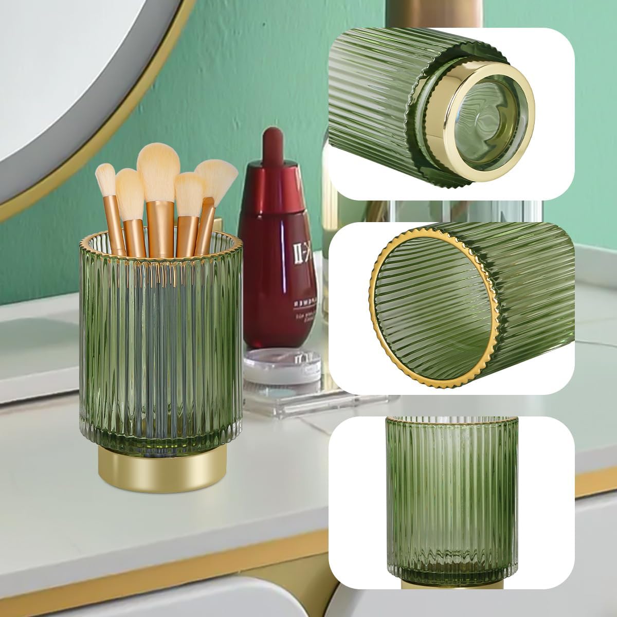 Vintage Makeup Brush Holder Organizer,Dresser Glass Brushes Holder,Vanity Cosmetic Brush Holder,Desktop Crystal Eyeliners Eyebrow Pencil Storage Cup Holder for Countertop (Large Green) - Image 5