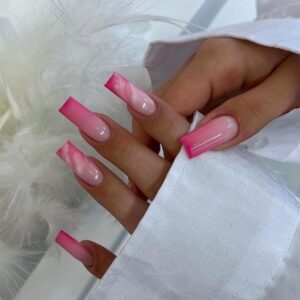 Pink Ombre Press on Nails Extra Long Ballerina French Nails Marble Pattern Coffin Nails Glossy Artificial Fake Nails with Glue on Nails Reusable Stick on Nails for Women DIY Charm Nail Art Supplies